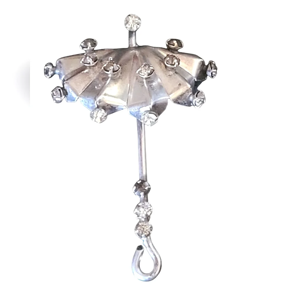 1940s Sterling Silver & Rhinestones Umbrella Brooch